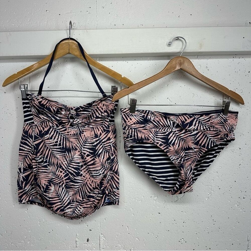 A Pea in the Pod Small Maternity Navy Blue Pink Floral Striped Halter Tankini
